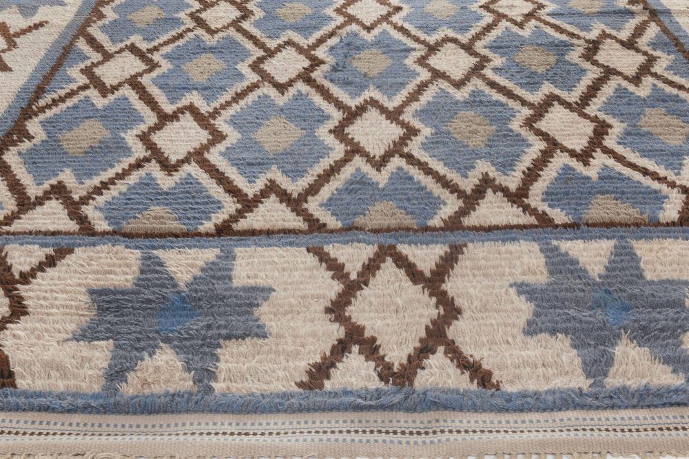 Vintage Swedish Geometric Blue, Brown, Beige Pile Rug BB6451