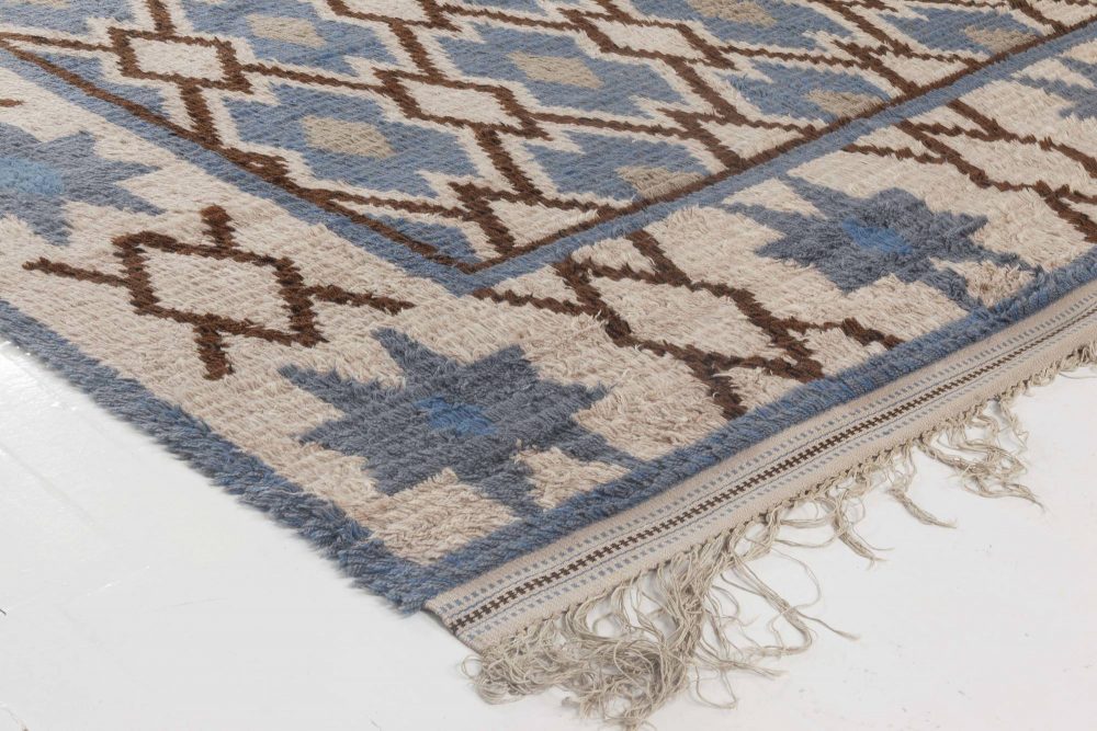 Vintage Swedish Geometric Blue, Brown, Beige Pile Rug BB6451