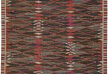Mid-20th century Swedish Geometric Red, Brown, Blue, White Flat-Weave Wool Rug BB5468