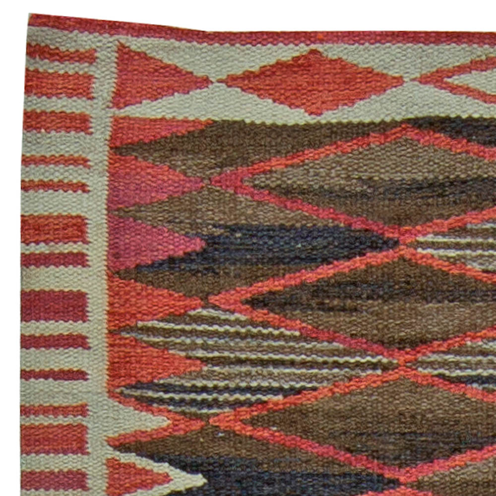 Mid-20th century Swedish Geometric Red, Brown, Blue, White Flat-Weave Wool Rug BB5468