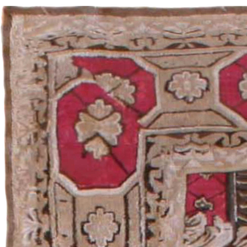 19th Century Ukrainian Rose and Beige Handwoven Wool Carpet BB6692