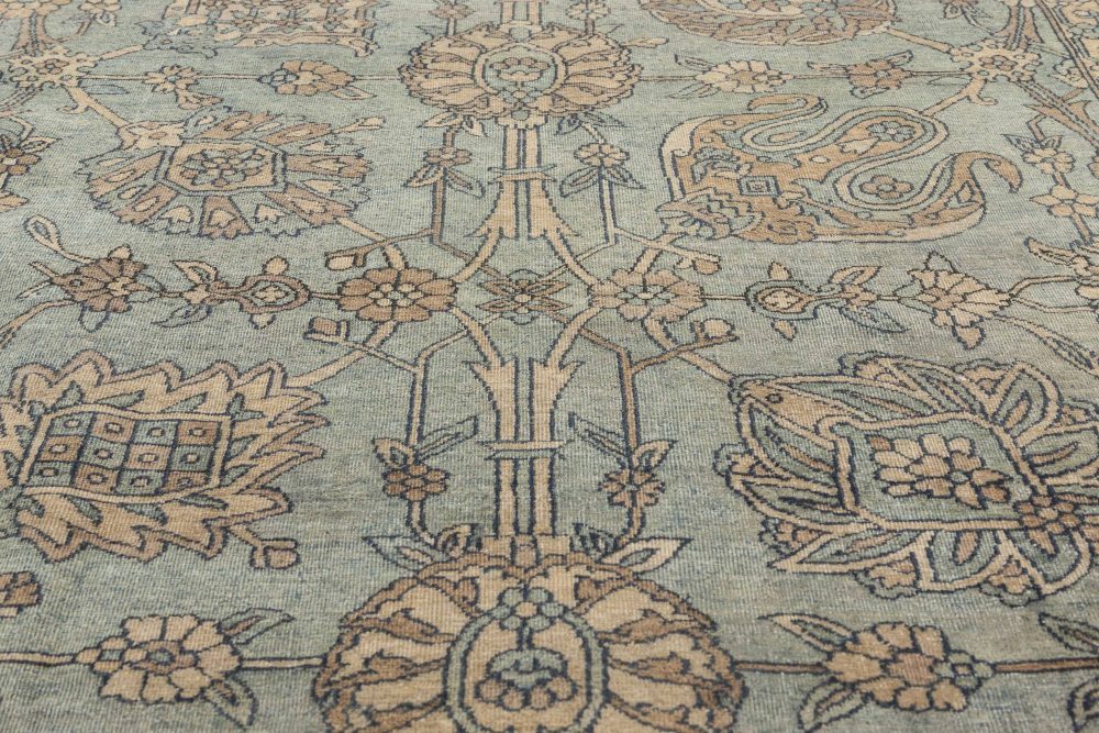 Antique Early 20th Century Blue and Cream Hand-Knotted Wool Persian Kirman Rug BB6901