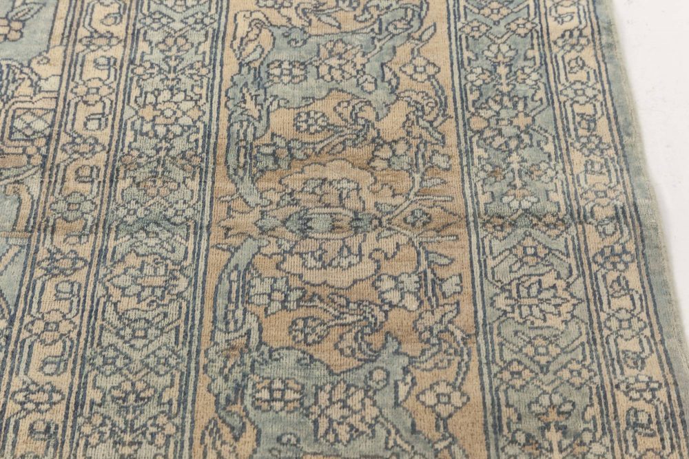 Antique Early 20th Century Blue and Cream Hand-Knotted Wool Persian Kirman Rug BB6901