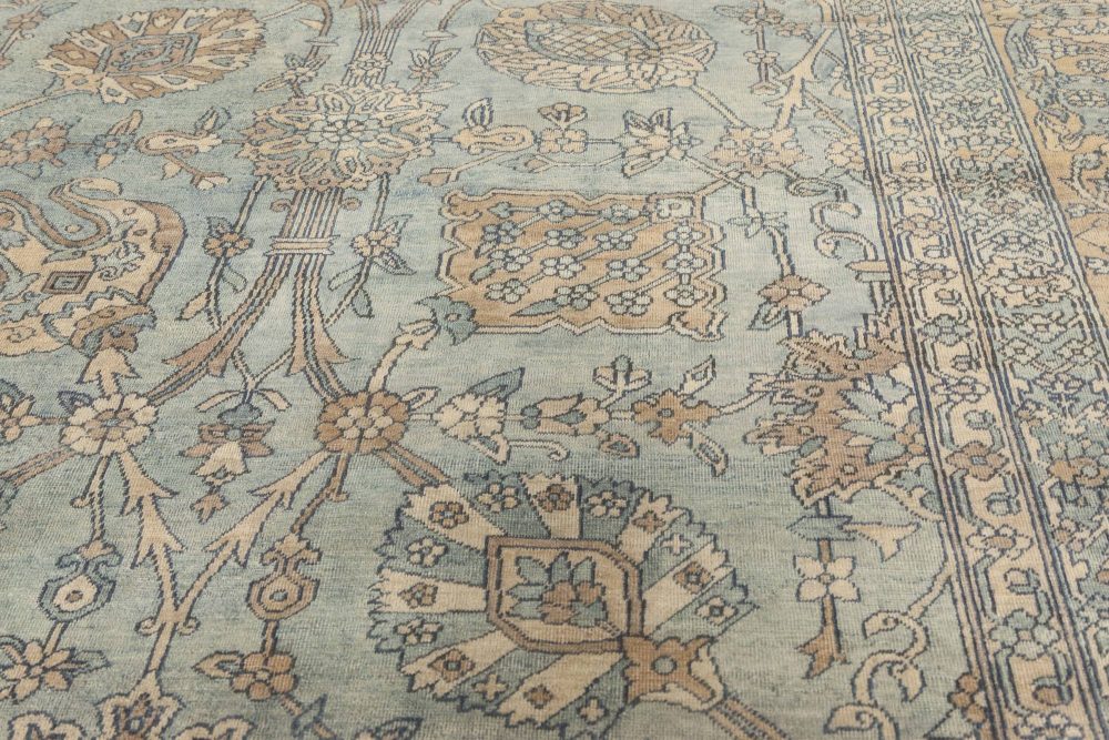 Antique Early 20th Century Blue and Cream Hand-Knotted Wool Persian Kirman Rug BB6901
