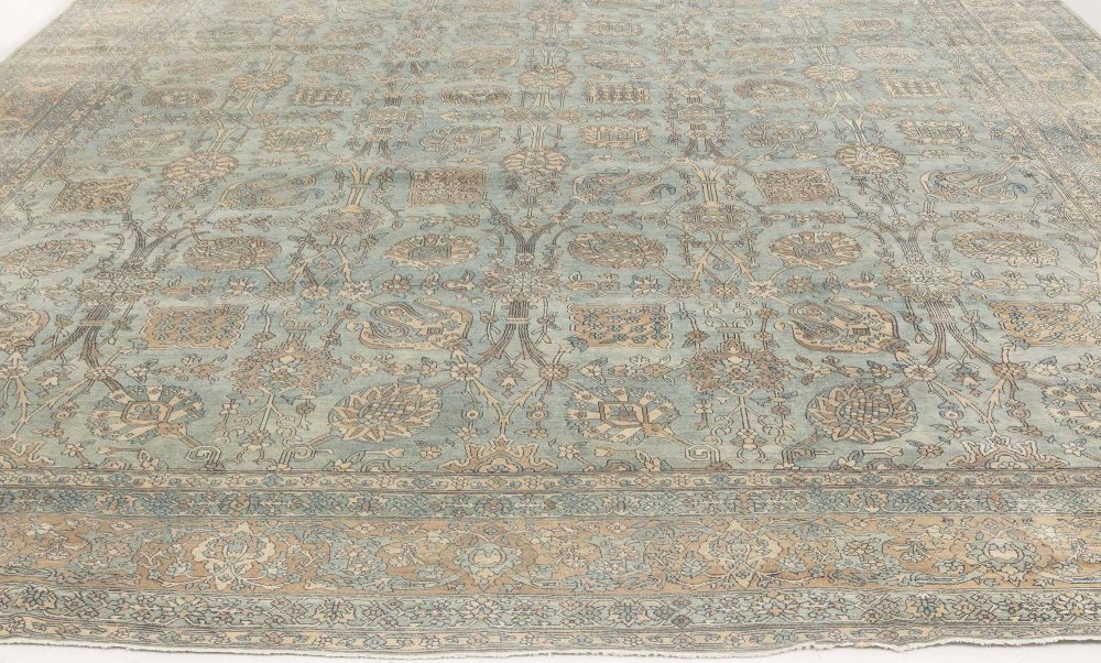 Antique Early 20th Century Blue and Cream Hand-Knotted Wool Persian Kirman Rug BB6901