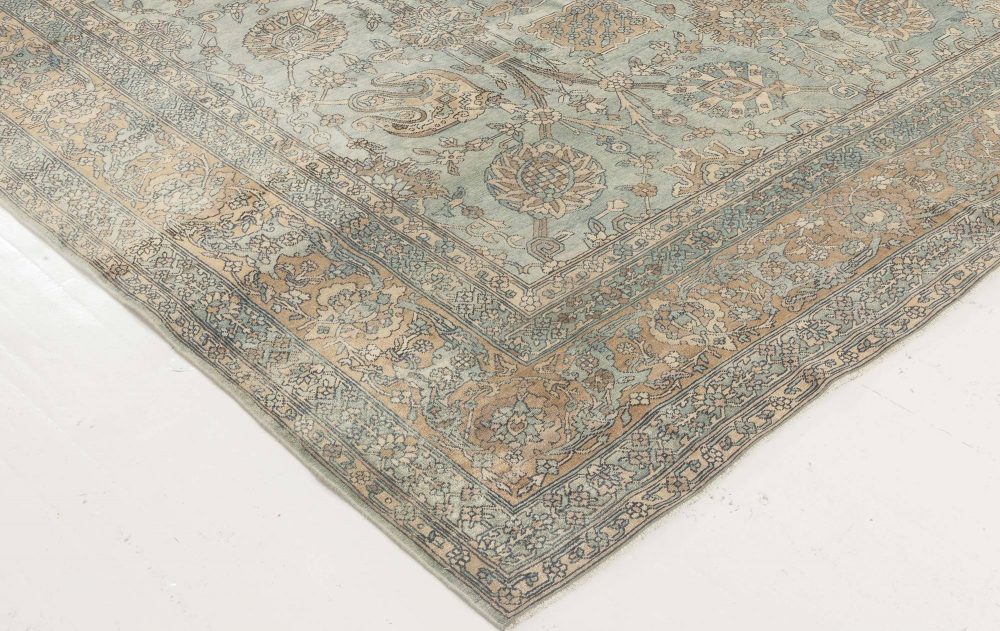 Antique Early 20th Century Blue and Cream Hand-Knotted Wool Persian Kirman Rug BB6901