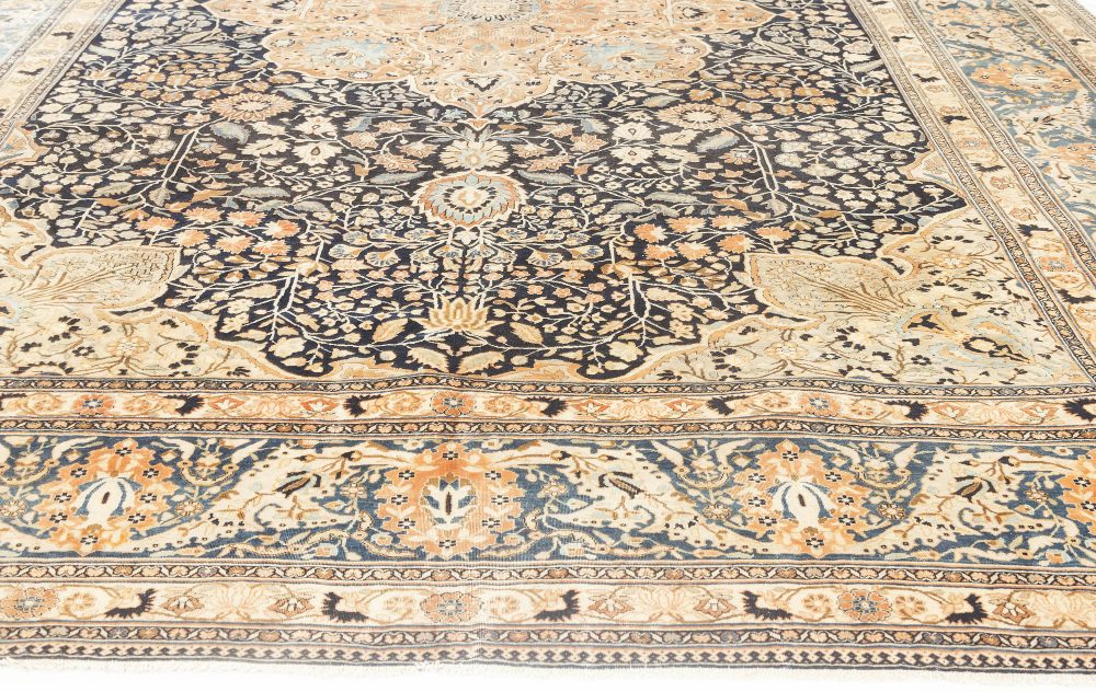 Antique Persian Mohtashem Kashan Orange, Black and Light Blue Wool Rug BB6834