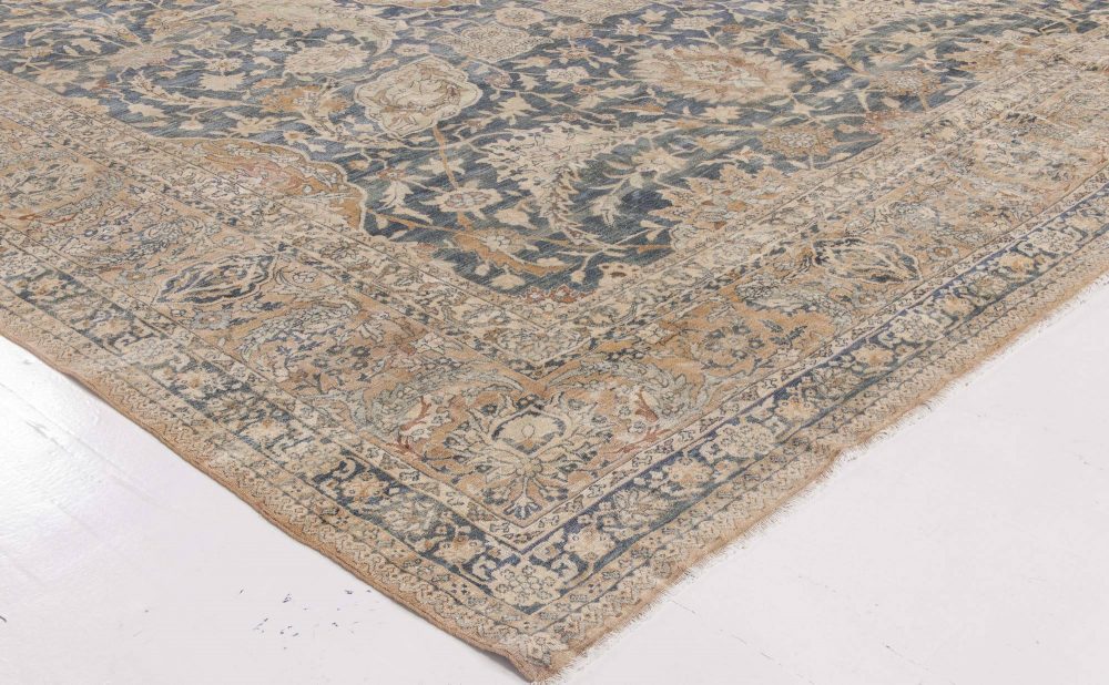 Early 20th Century Persian Kirman Indigo, Camel, Beige Handwoven Wool Rug BB6863