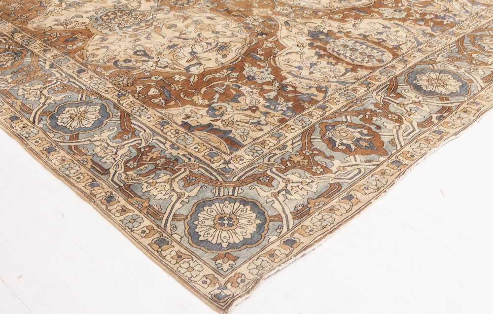 1900s Persian Kirman Brown, Beige and Blue Handmade Wool Rug BB6600