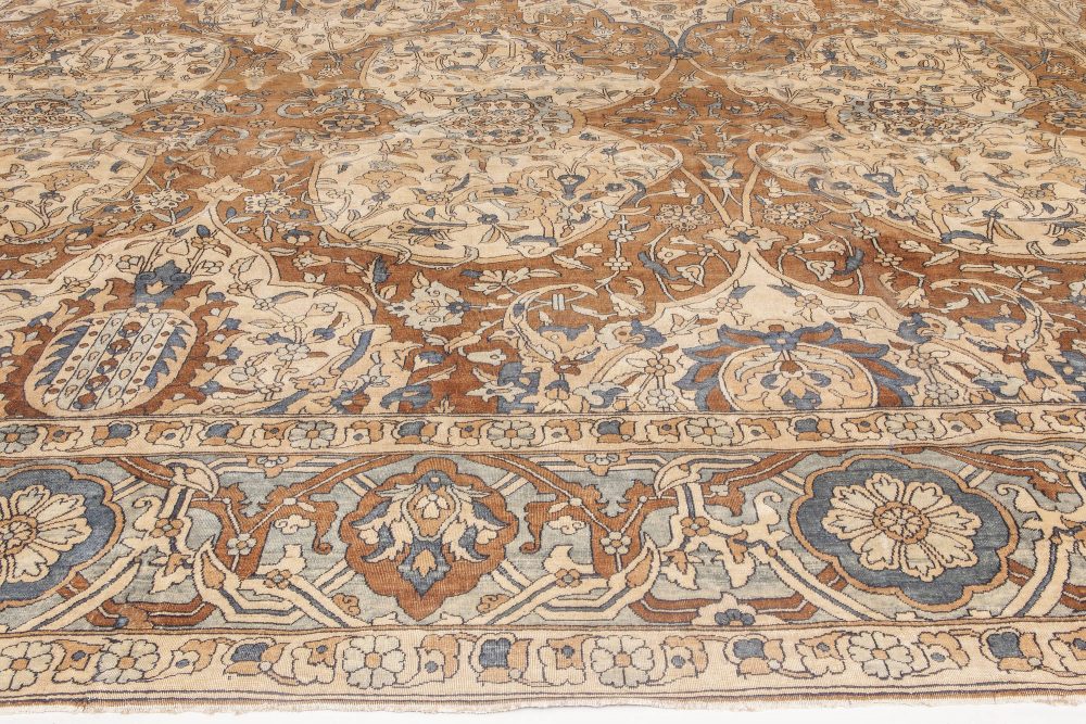 1900s Persian Kirman Brown, Beige and Blue Handmade Wool Rug BB6600