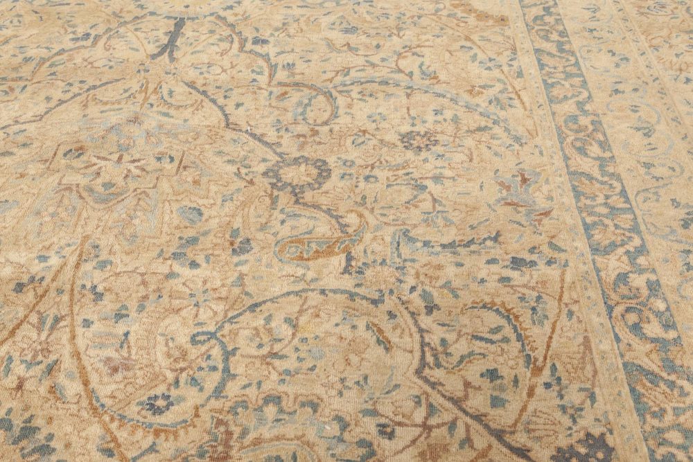 Antique Persian Kirman Orange, Beige and Blue Hand Knotted Wool Rug BB6900