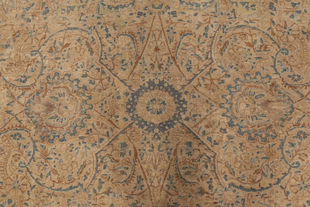 Antique Persian Kirman Orange, Beige and Blue Hand Knotted Wool Rug BB6900