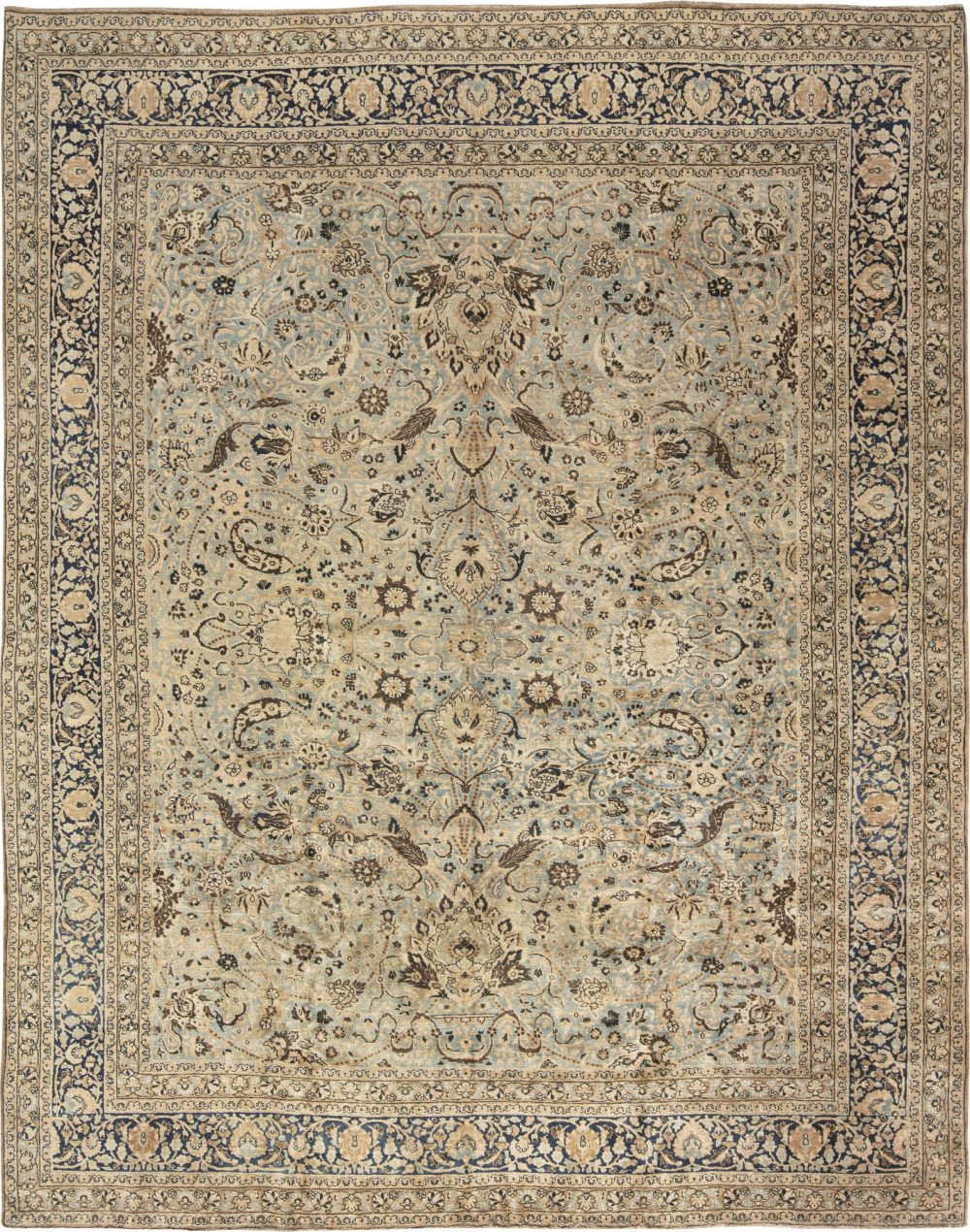 Antique Persian Tabriz Rug Celadon and Midnight Blue Handwoven Wool Rug BB6611