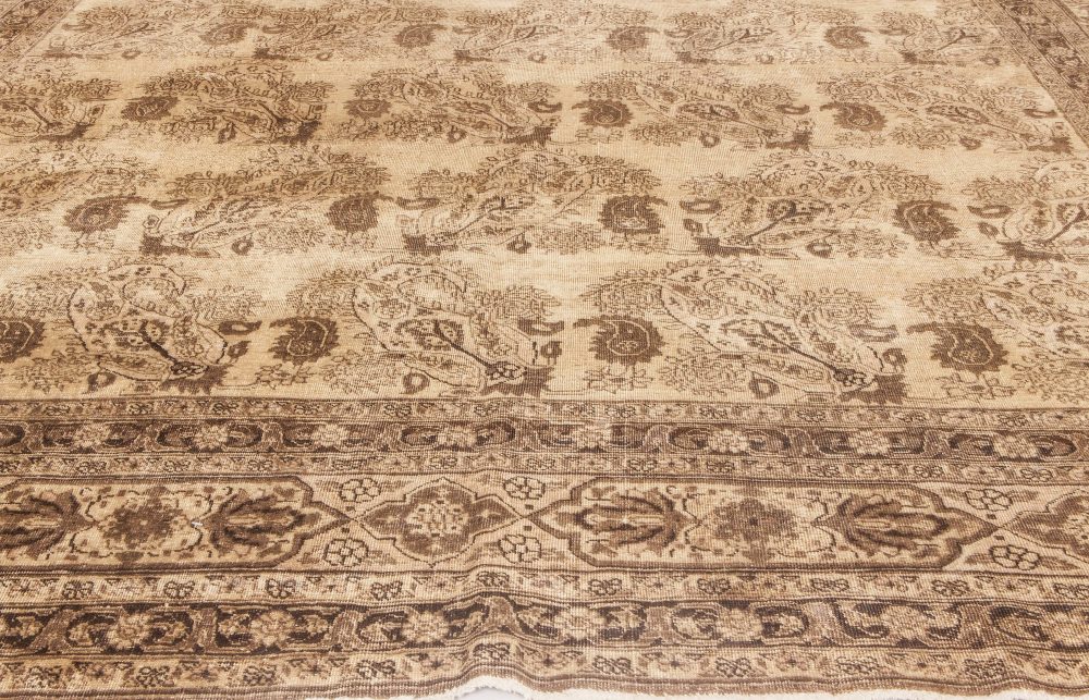 Antique Persian Tabriz Beige and Brown Handmade Wool Rug BB6608