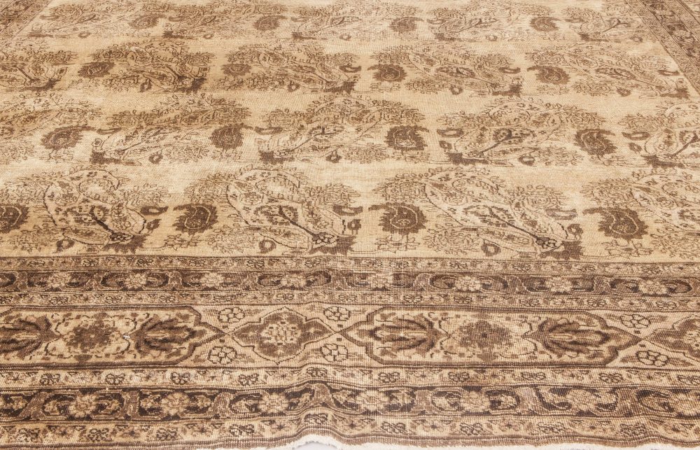 Antique Persian Tabriz Beige and Brown Handmade Wool Rug BB6608