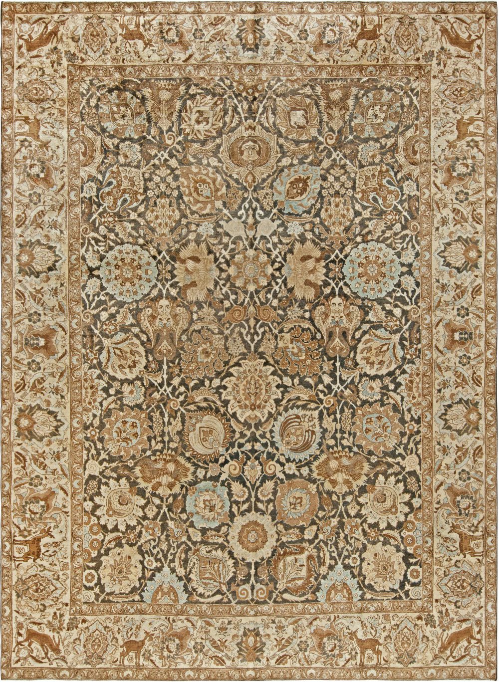 19th Century Persian Tabriz Dark Brown, Beige and Blue Handwoven Wool Rug BB6800