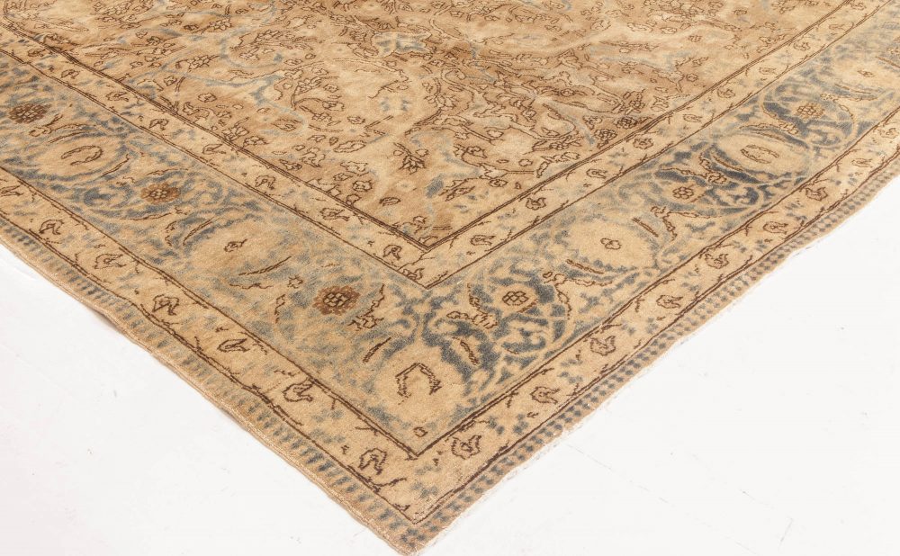 Antique Persian Tabriz Floral Light Brown and Blue Handwoven Wool Rug BB6603