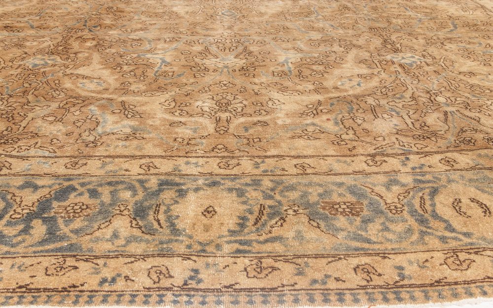 Antique Persian Tabriz Floral Light Brown and Blue Handwoven Wool Rug BB6603