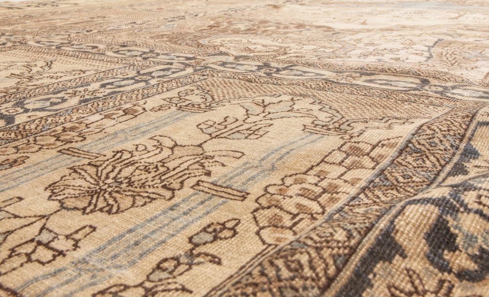 Animal, Botanic Motifs Beige, Brown, Dusty Blue Antique Persian Tabriz Wool Rug BB6607