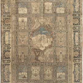 Animal, Botanic Motifs Beige, Brown, Dusty Blue Antique Persian Tabriz Wool Rug BB6607