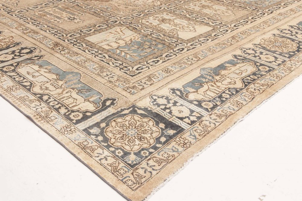 Animal, Botanic Motifs Beige, Brown, Dusty Blue Antique Persian Tabriz Wool Rug BB6607