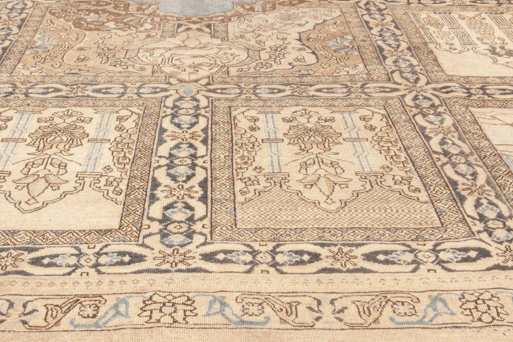 Animal, Botanic Motifs Beige, Brown, Dusty Blue Antique Persian Tabriz Wool Rug BB6607