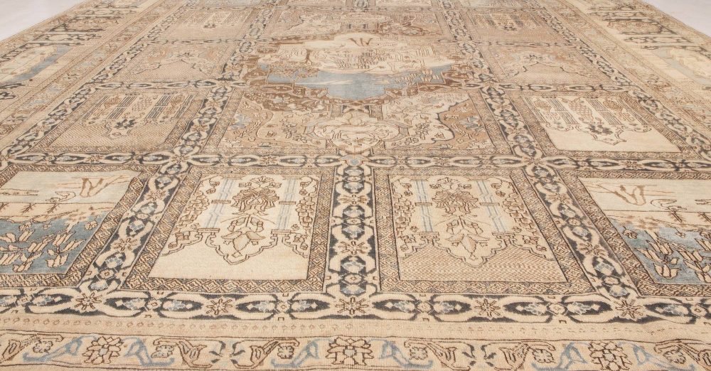 Animal, Botanic Motifs Beige, Brown, Dusty Blue Antique Persian Tabriz Wool Rug BB6607