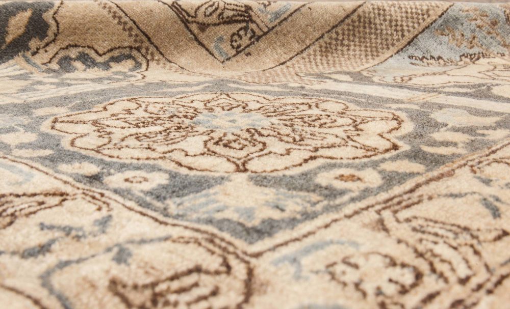 Animal, Botanic Motifs Beige, Brown, Dusty Blue Antique Persian Tabriz Wool Rug BB6607