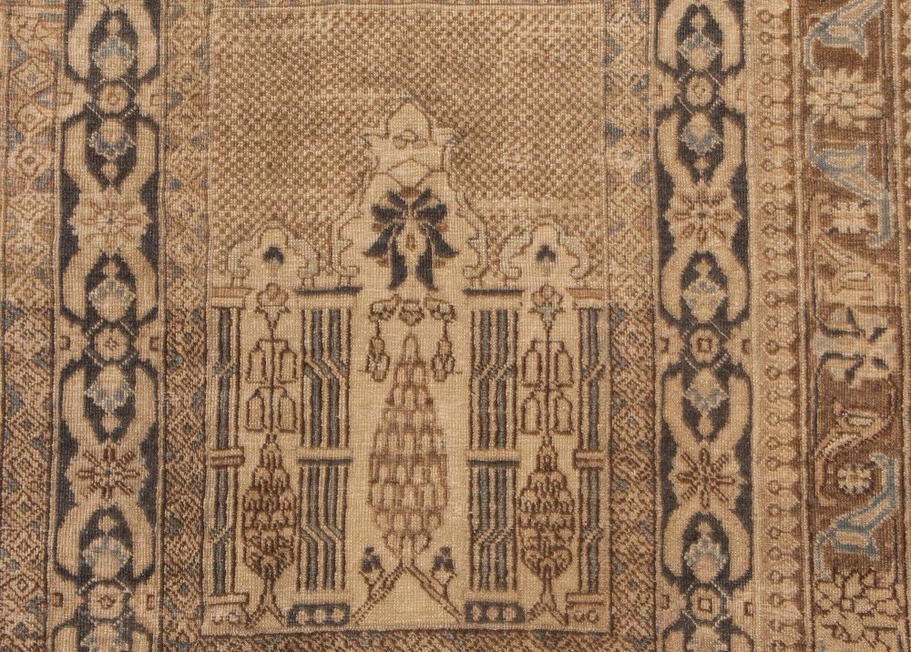 Animal, Botanic Motifs Beige, Brown, Dusty Blue Antique Persian Tabriz Wool Rug BB6607