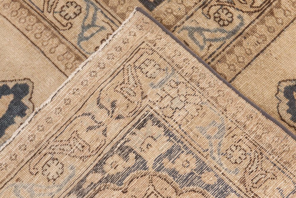 Animal, Botanic Motifs Beige, Brown, Dusty Blue Antique Persian Tabriz Wool Rug BB6607