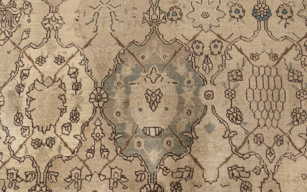 Antique Persian Tabriz Beige, Brown & Blue Handwoven Wool Rug BB6895