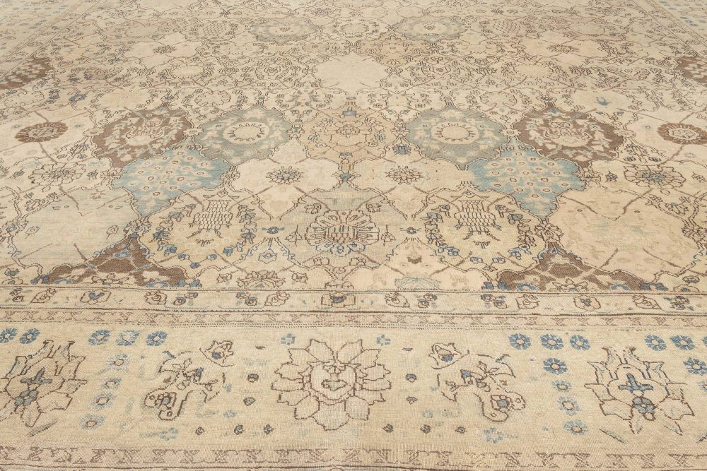 Antique Persian Tabriz Beige, Brown & Blue Handwoven Wool Rug BB6895