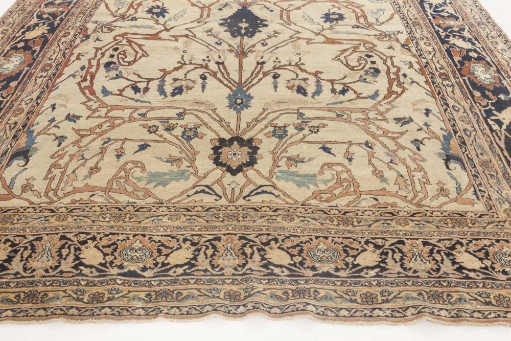 19th Century Persian Tabriz Cream, Brown, Gray and Black Handwoven Wool Rug BB6898