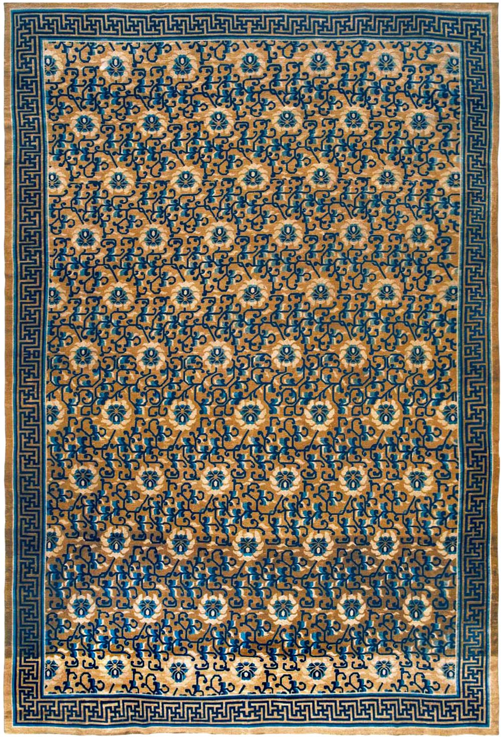 Vintage Chinese Floral Gold, Brown, Indigo Blue Handmade Wool Rug BB6695