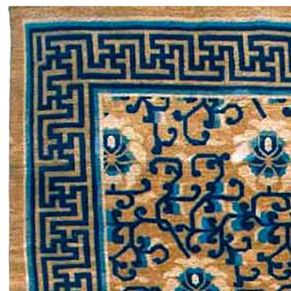 Vintage Chinese Floral Gold, Brown, Indigo Blue Handmade Wool Rug BB6695