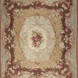 Antique Aubusson French Floral Medallion Cream Beige Hand-Knotted Wool Carpet – Circa 1900 BB6646