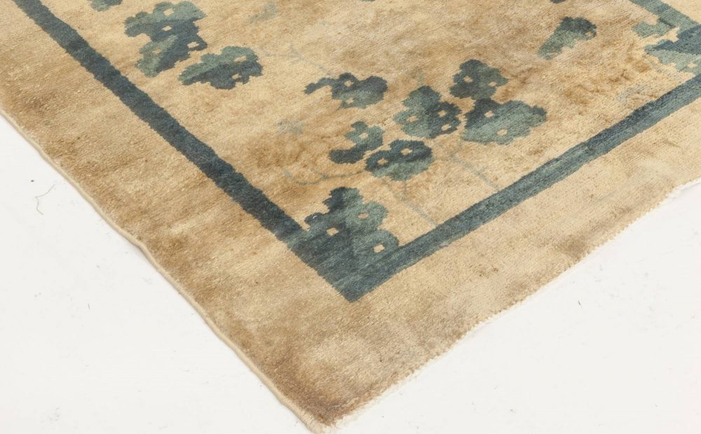 Art Deco Narrow & Long Floral Chinese Beige, Teal Wool Runner (Size Adjusted) BB6867