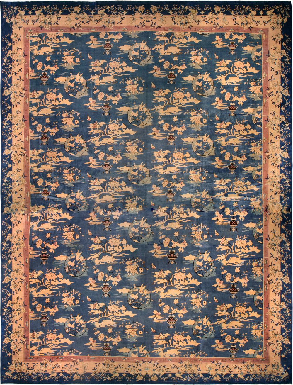 Vintage Chinese Botanic Blue, Gold & Beige Wool Carpet BB6697