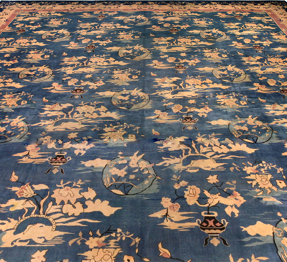 Vintage Chinese Botanic Blue, Gold & Beige Wool Carpet BB6697