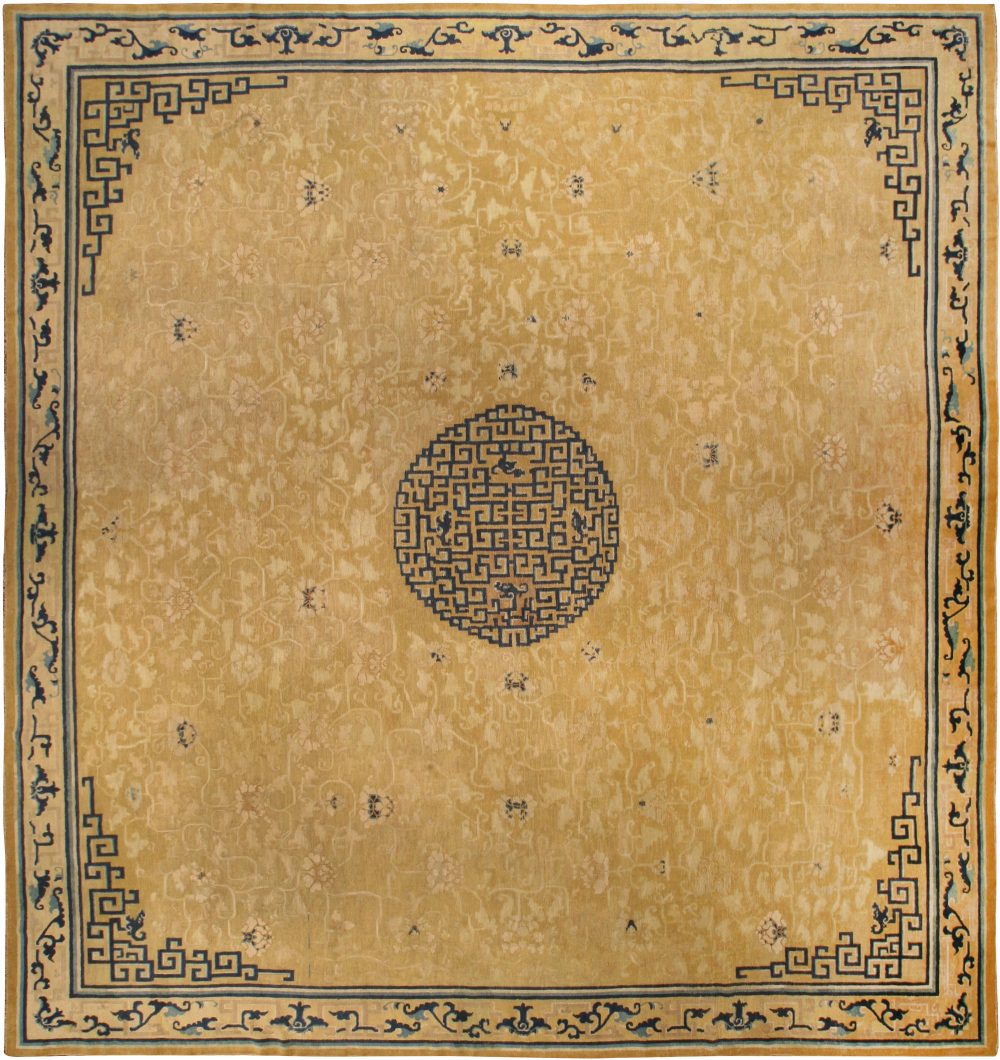 Large Authentic 19th Century Chinese Gold Beige, Indigo Blue Handmade Carpet BB6741