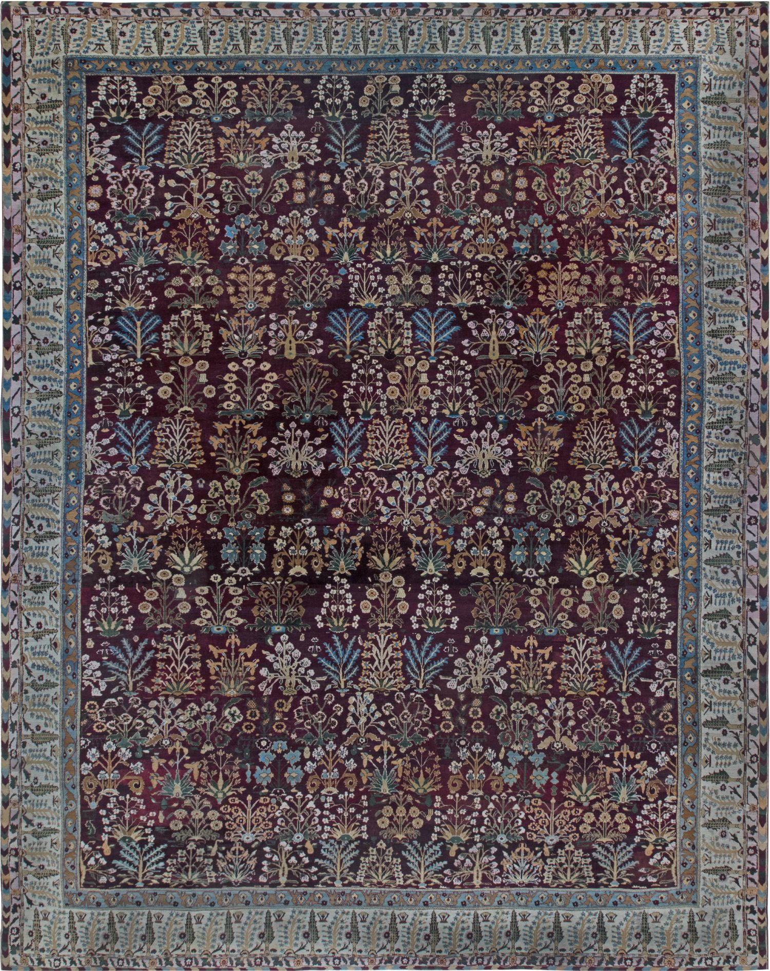 Indian Amritsar Botanic Burgundy and Light Azure Handwoven Wool Rug BB6856