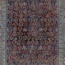 Indian Amritsar Botanic Burgundy and Light Azure Handwoven Wool Rug BB6856