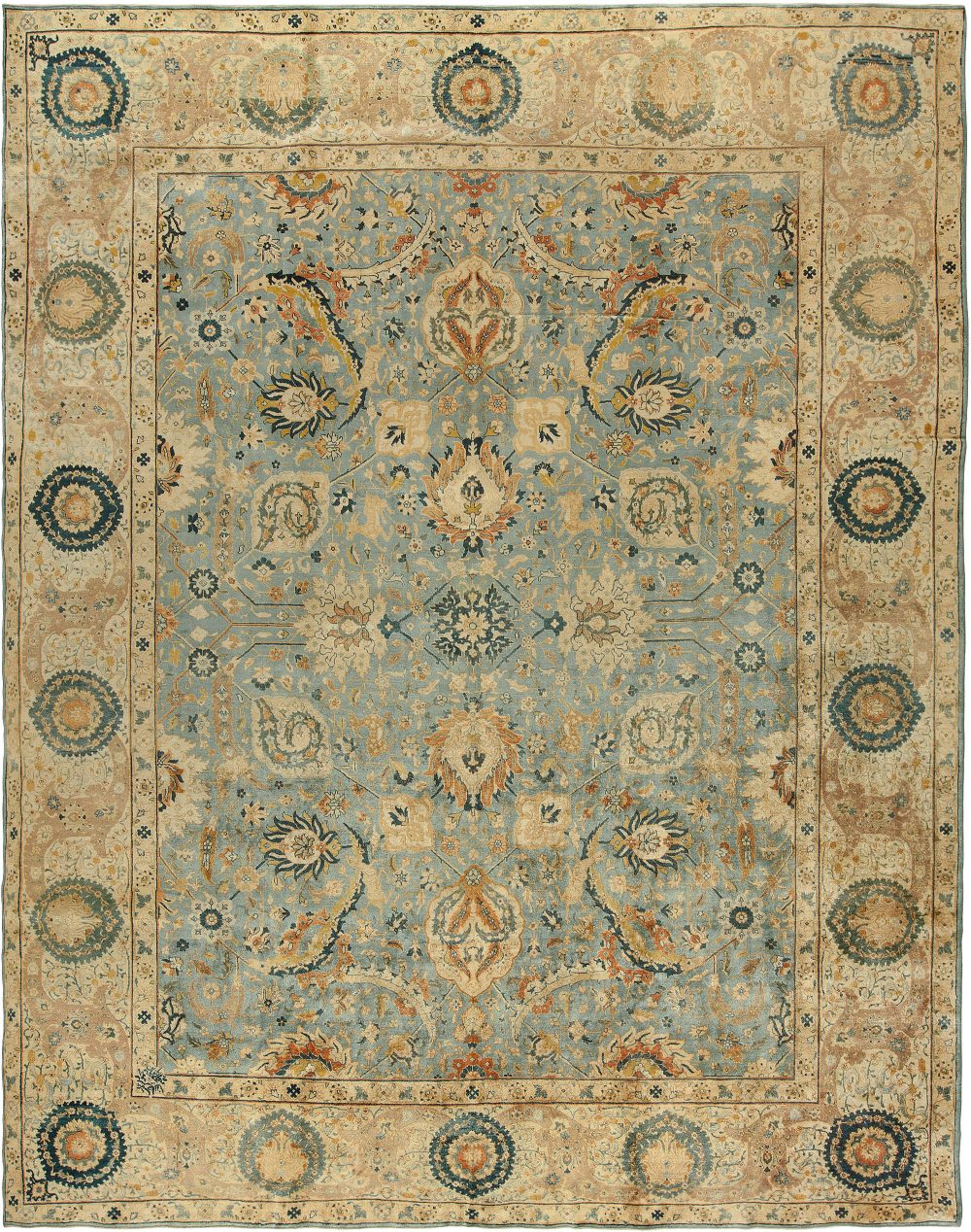 Antique Persian Tabriz Light Blue and Beige Handwoven Wool Rug BB6707