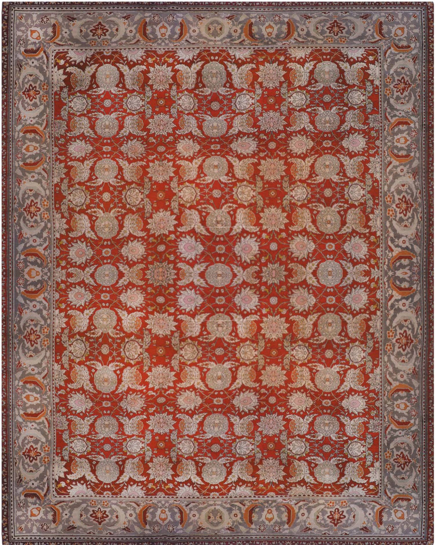 19th Century Bold Turkish Hereke Red, Gray Handwoven Wool Carpet BB6684