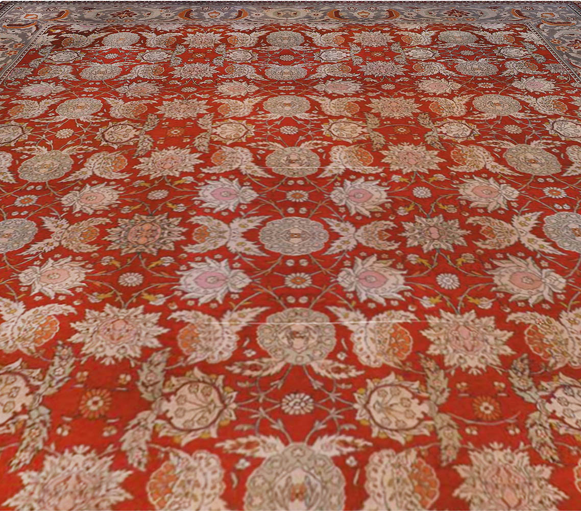 19th Century Bold Turkish Hereke Red, Gray Handwoven Wool Carpet BB6684