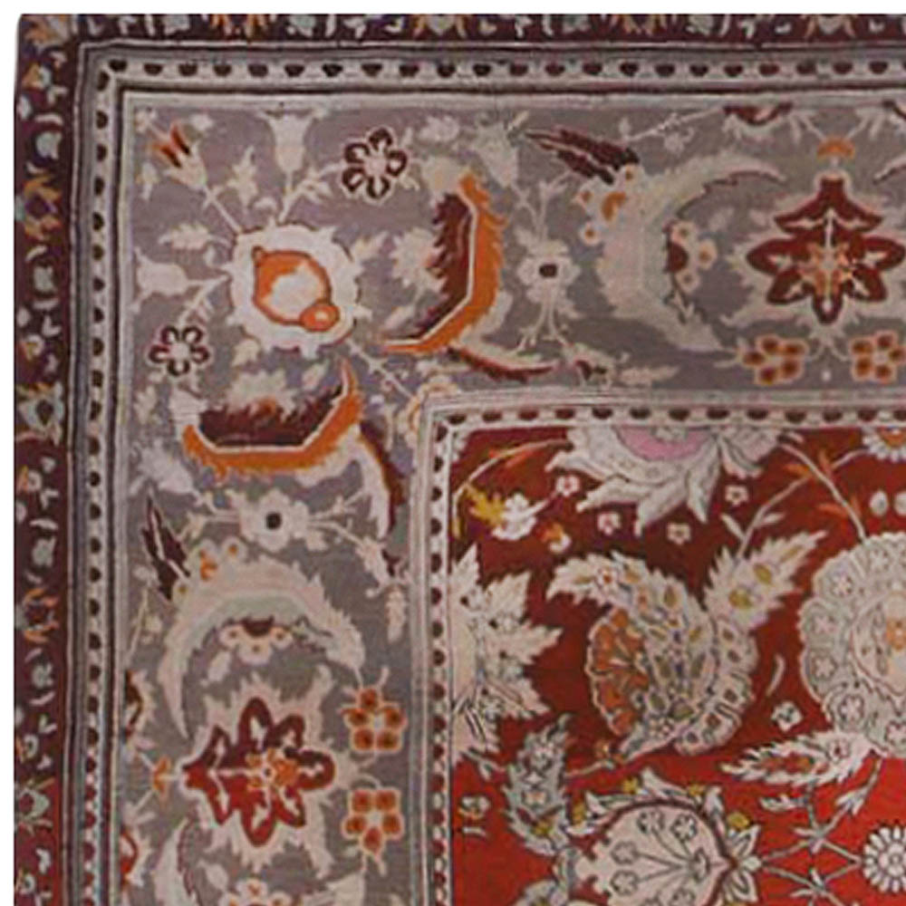19th Century Bold Turkish Hereke Red, Gray Handwoven Wool Carpet BB6684