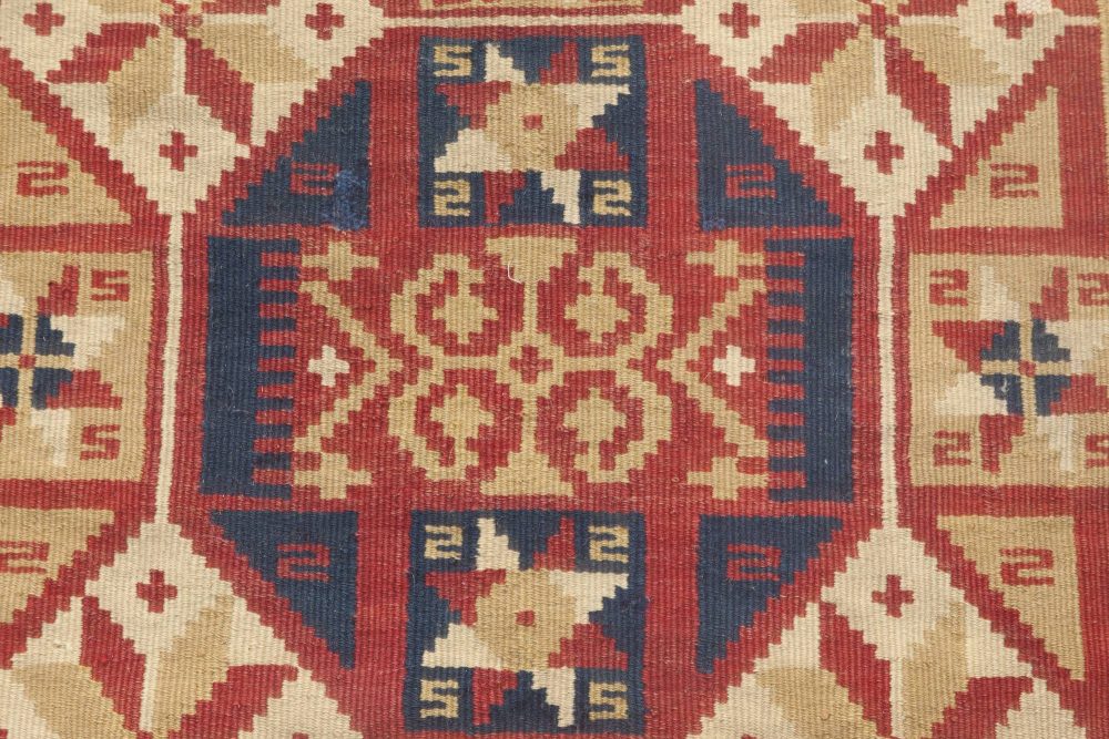 Small Vintage Geometric Red, Yellow, Navy Blue Swedish Flat-Weave Wool Rug BB6636