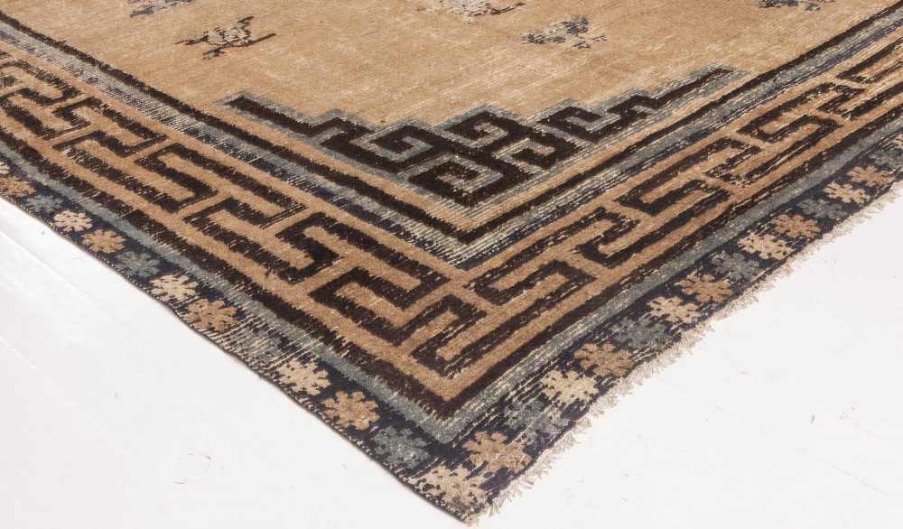 Antique Chinese Mongolian Beige, Dark Brown and Teal Handwoven Wool Rug BB6602