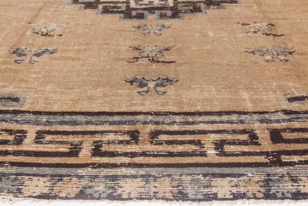 Antique Chinese Mongolian Beige, Dark Brown and Teal Handwoven Wool Rug BB6602