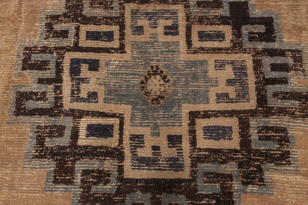 Antique Chinese Mongolian Beige, Dark Brown and Teal Handwoven Wool Rug BB6602